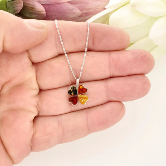 Natural Amber Four Leaf Clover Sterling Silver Necklace