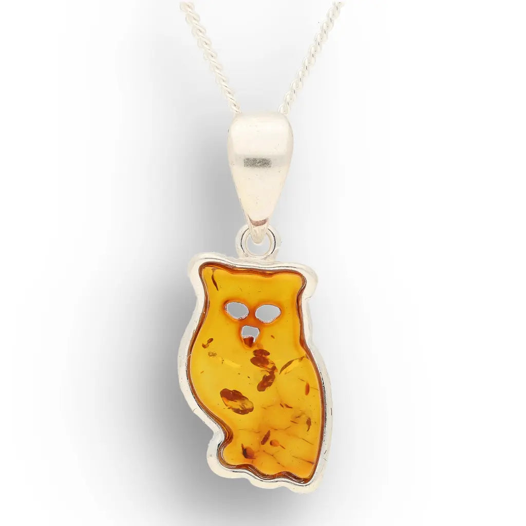 Natural Amber Owl Necklace with 925 Sterling Silver Chain
