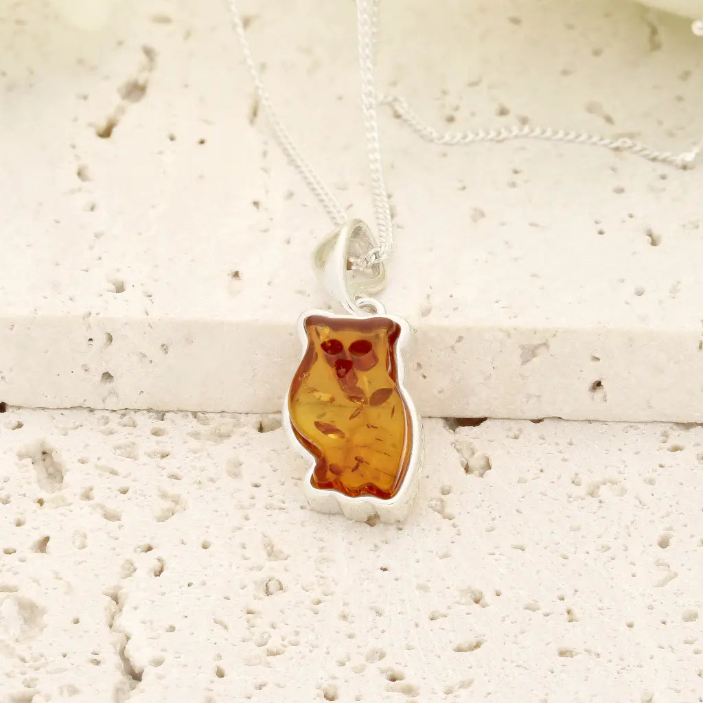Natural Amber Owl Necklace with 925 Sterling Silver Chain