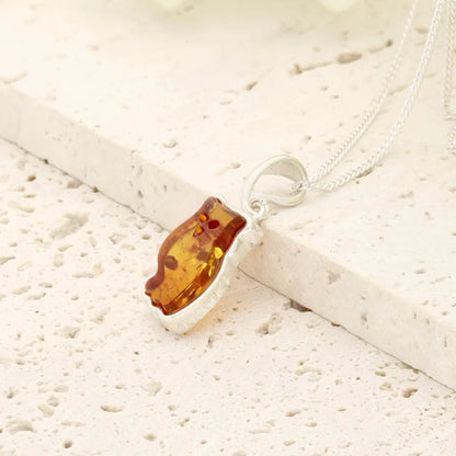 Natural Amber Owl Necklace with 925 Sterling Silver Chain
