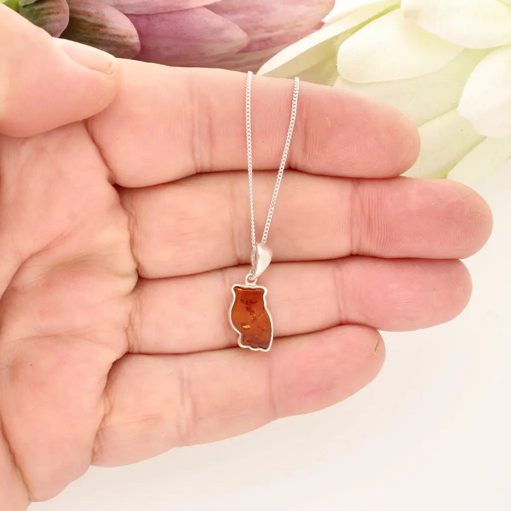 Natural Amber Owl Necklace with 925 Sterling Silver Chain