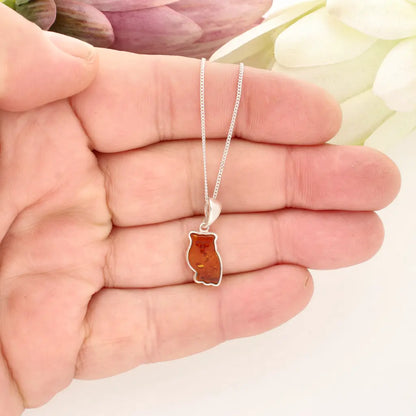 Natural Amber Owl Necklace with 925 Sterling Silver Chain
