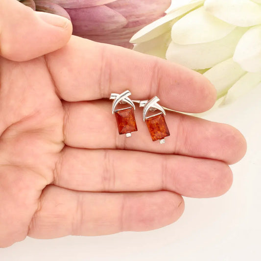 Natural Amber Square Earrings in Sterling Silver