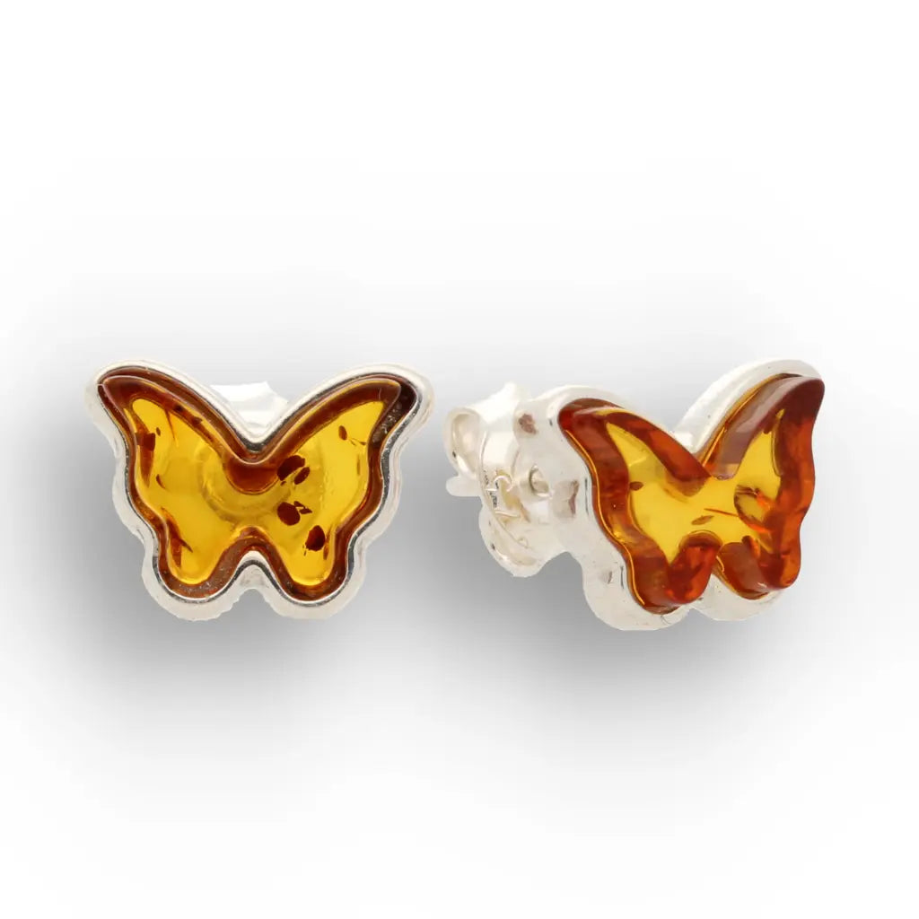 Natural Amber Butterfly Earrings in Sterling Silver