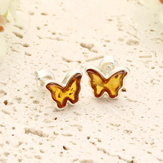 Natural Amber Butterfly Earrings in Sterling Silver