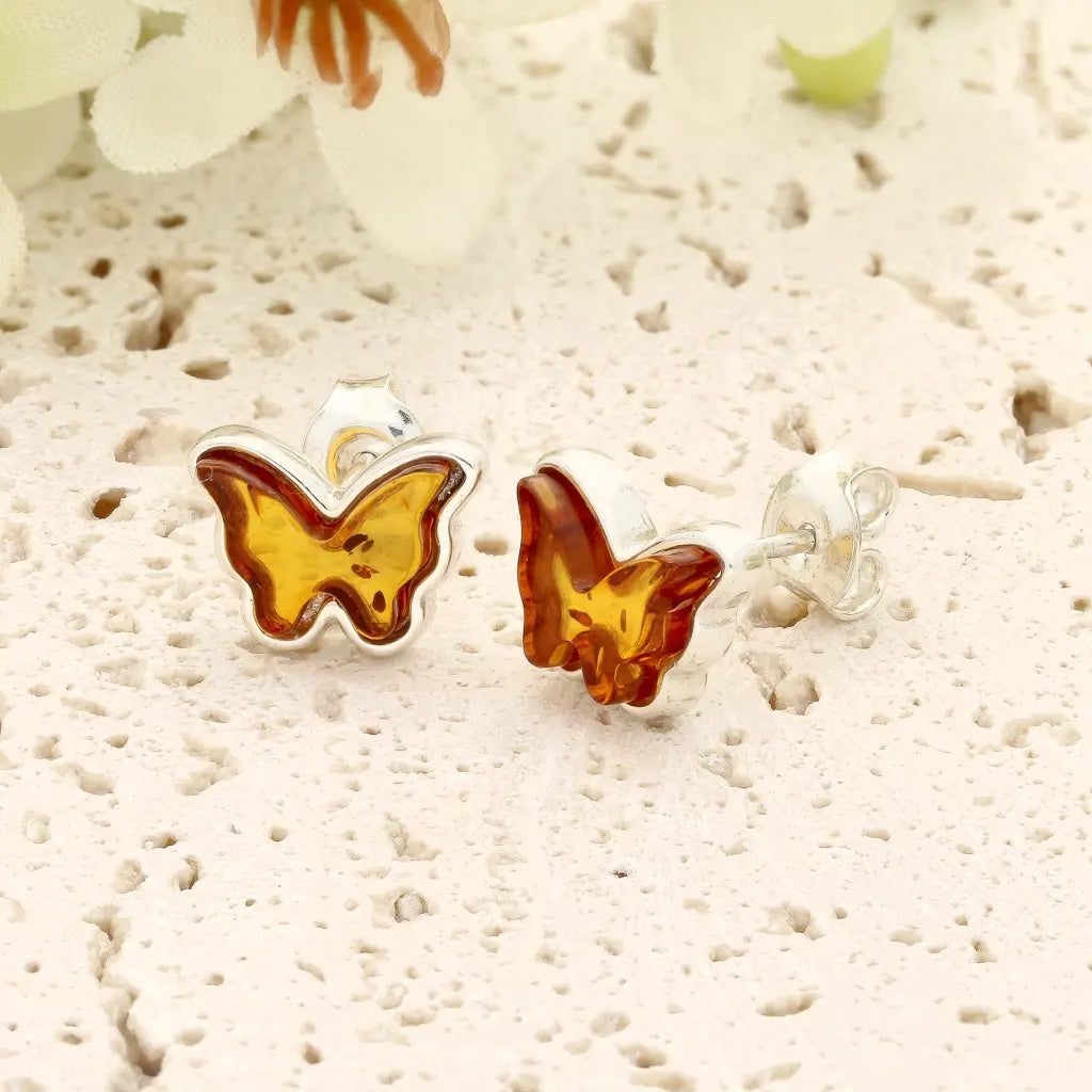 Natural Amber Butterfly Earrings in Sterling Silver