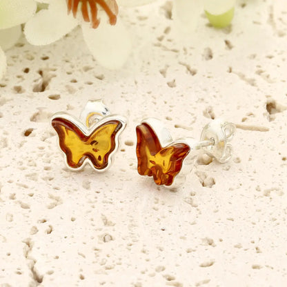 Natural Amber Butterfly Earrings in Sterling Silver