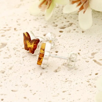 Natural Amber Butterfly Earrings in Sterling Silver