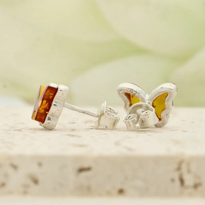 Natural Amber Butterfly Earrings in Sterling Silver