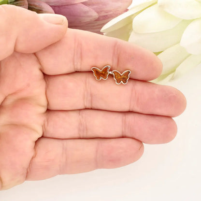 Natural Amber Butterfly Earrings in Sterling Silver