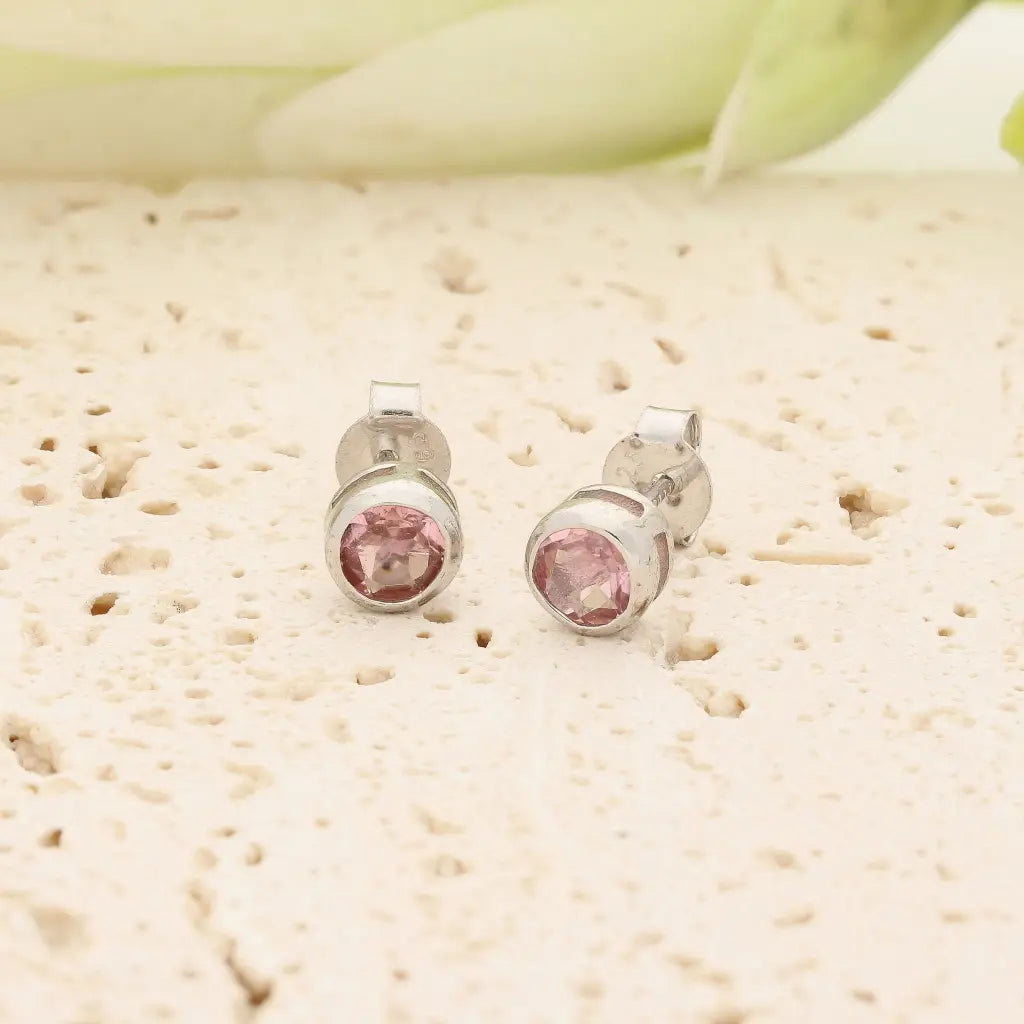 Natural Light Pink Tourmaline Stud Earrings in Sterling Silver