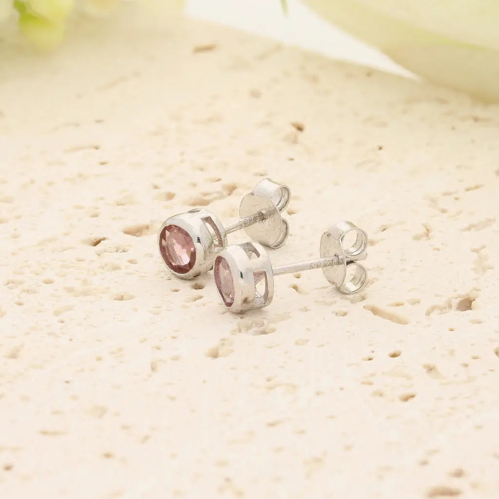 Natural Light Pink Tourmaline Stud Earrings in Sterling Silver