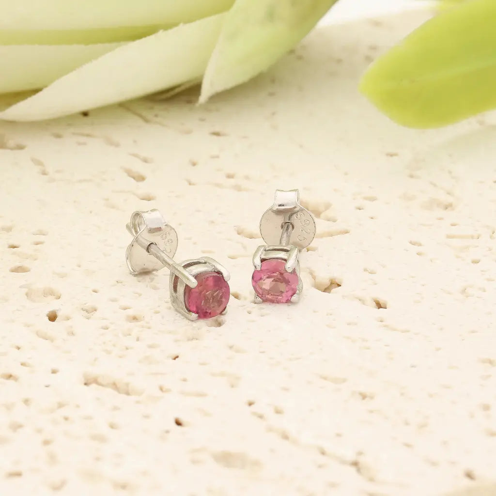 Natural Pink Tourmaline 4-Claw Stud Earrings in Sterling Silver