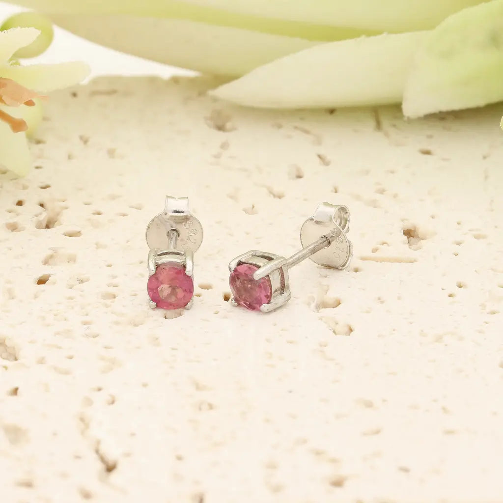 Natural Pink Tourmaline 4-Claw Stud Earrings in Sterling Silver