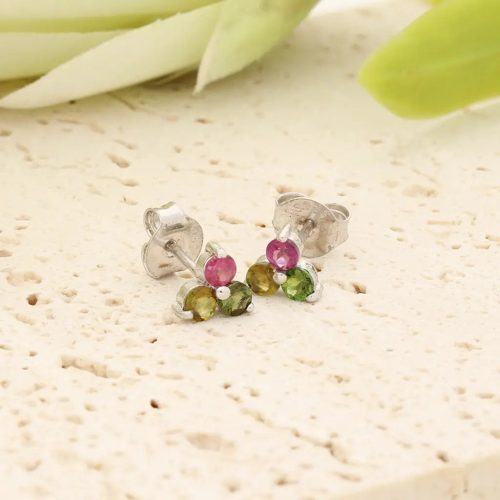 Natural Multi-Colour Tourmaline Stud Earrings in Sterling Silver