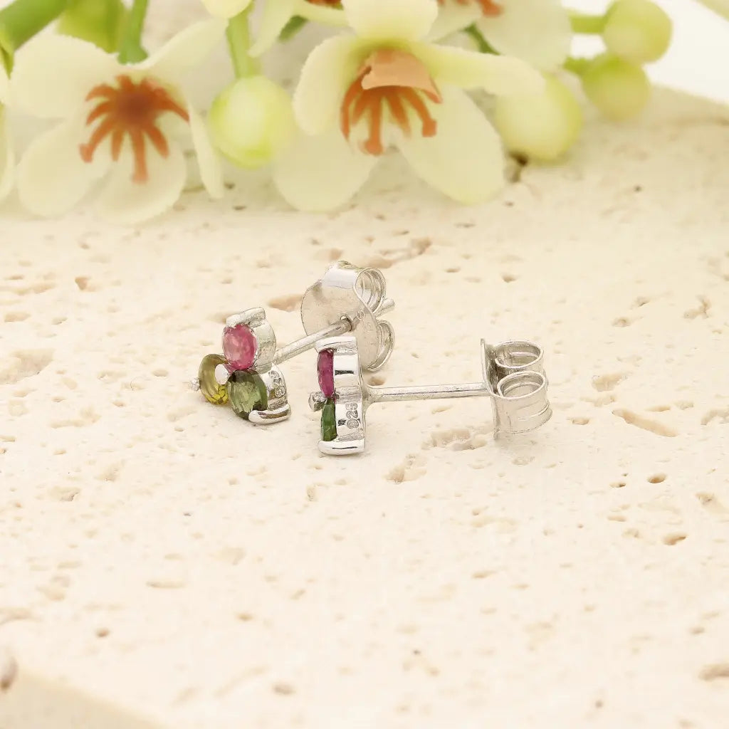Natural Multi-Colour Tourmaline Stud Earrings in Sterling Silver