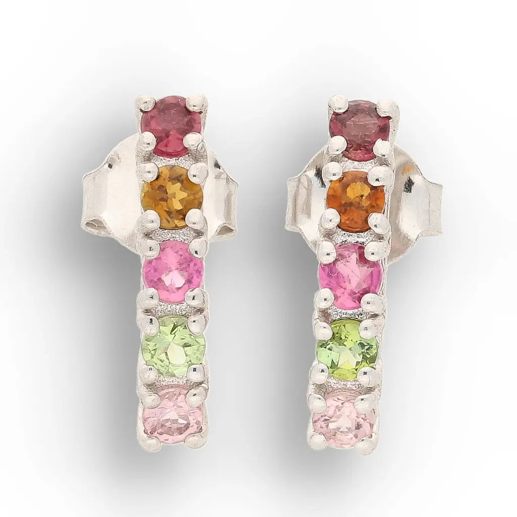 Natural Multi-Colour Tourmaline Bar Stud Earrings in Sterling Silver