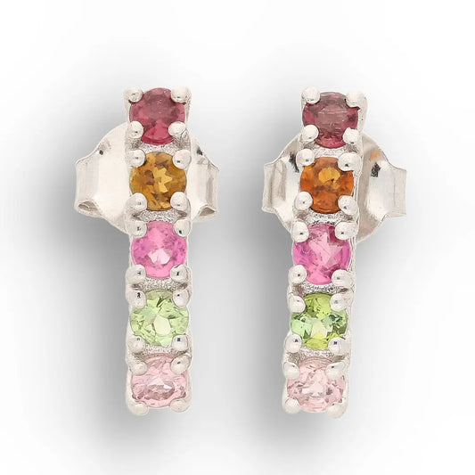Natural Multi-Colour Tourmaline Bar Stud Earrings in Sterling Silver