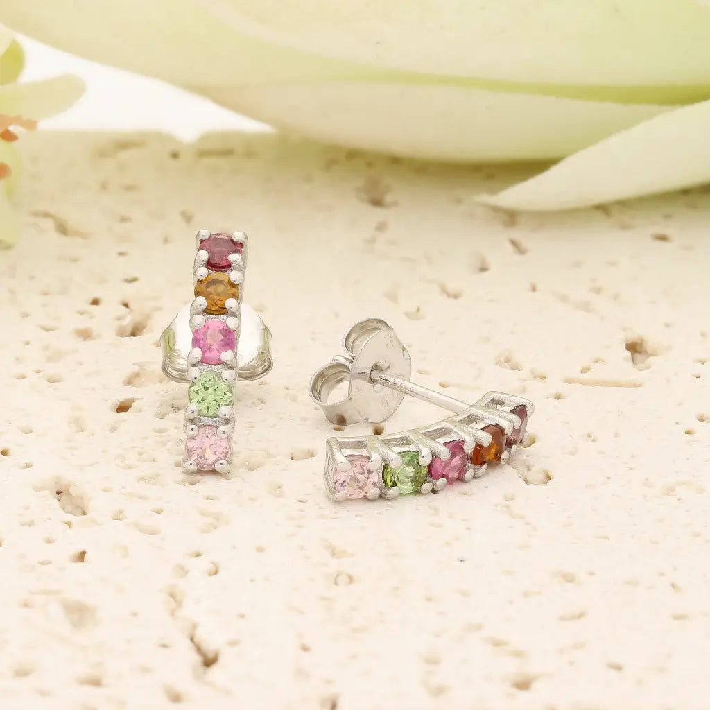 Natural Multi-Colour Tourmaline Bar Stud Earrings in Sterling Silver