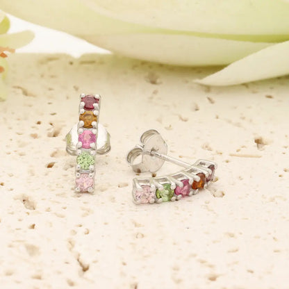 Natural Multi-Colour Tourmaline Bar Stud Earrings in Sterling Silver