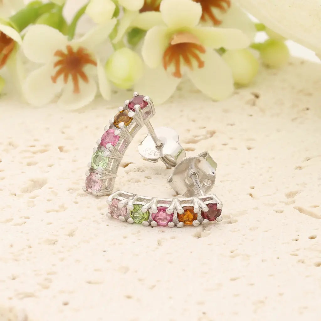Natural Multi-Colour Tourmaline Bar Stud Earrings in Sterling Silver