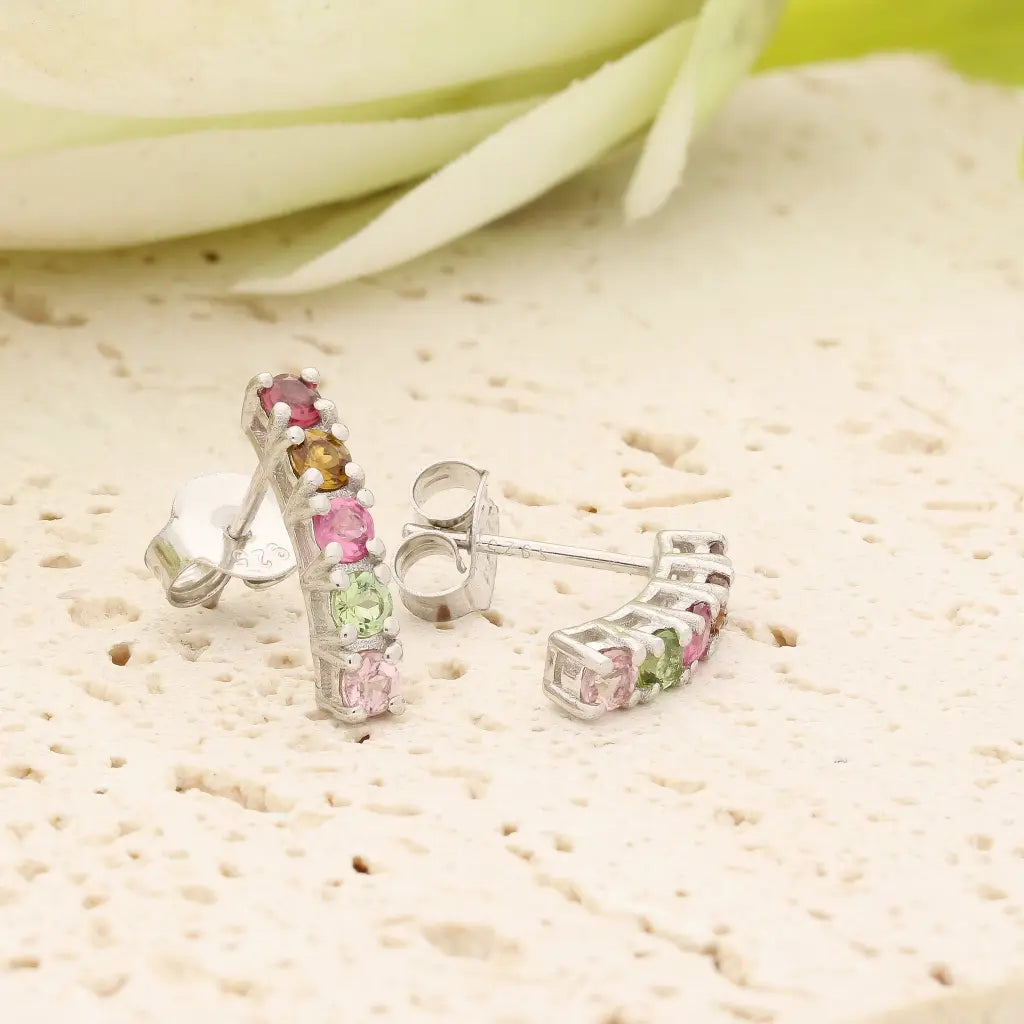 Natural Multi-Colour Tourmaline Bar Stud Earrings in Sterling Silver
