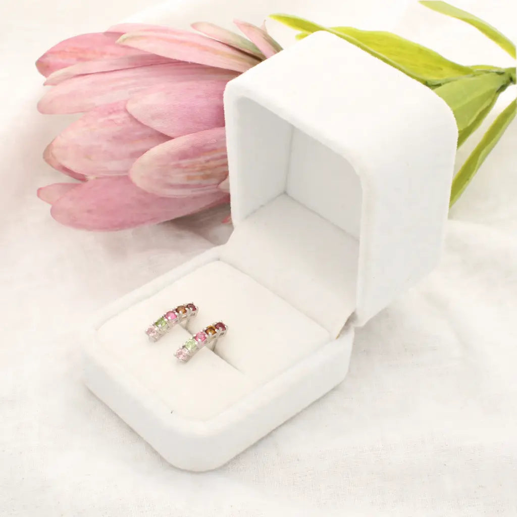 Natural Multi-Colour Tourmaline Bar Stud Earrings in Sterling Silver