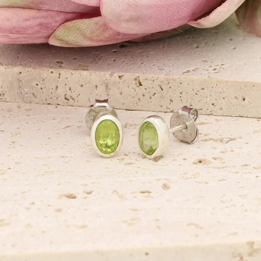 Oval Peridot Bezel Stud Earrings