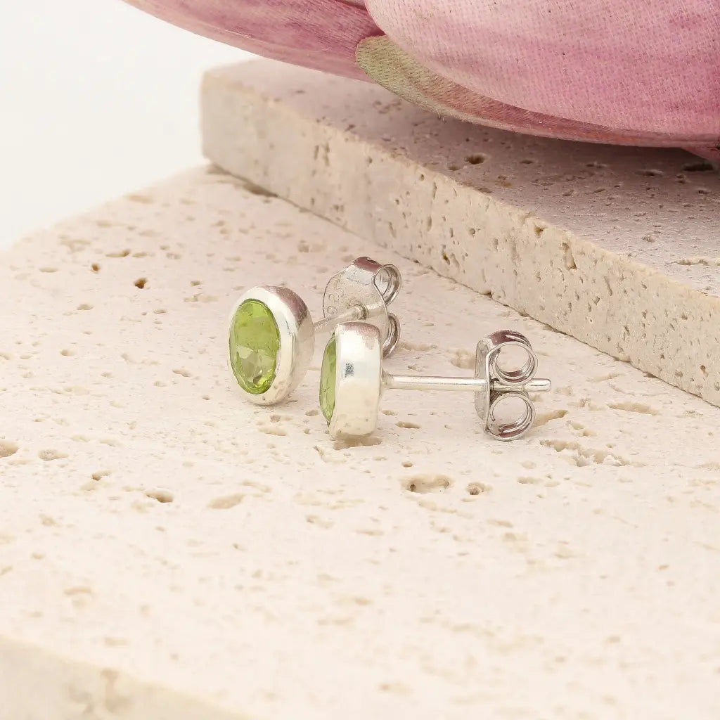 Oval Peridot Bezel Stud Earrings