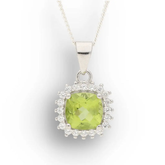 Cushion Cut Peridot Halo Necklace