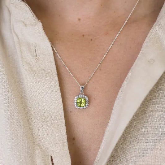 Cushion Cut Peridot Halo Necklace