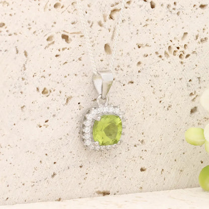 Cushion Cut Peridot Halo Necklace
