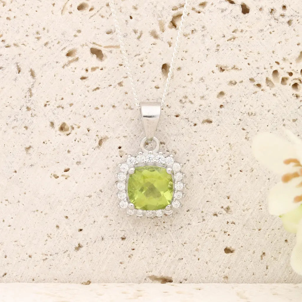 Cushion Cut Peridot Halo Necklace