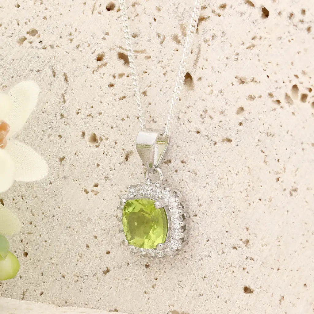Cushion Cut Peridot Halo Necklace