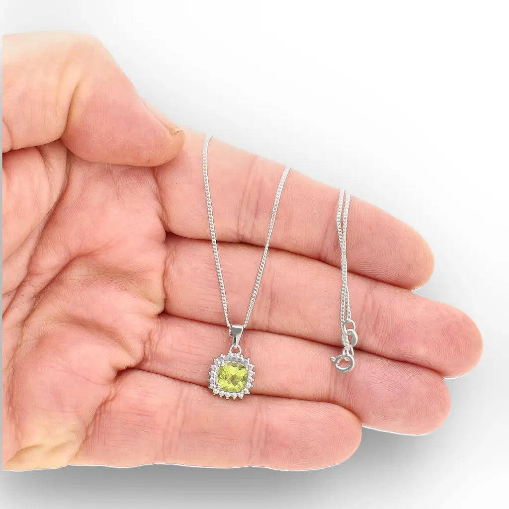 Cushion Cut Peridot Halo Necklace