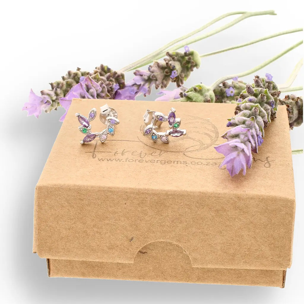Get your Sterling Silver Multi-Colour CZ Leaf Branch Stud Earrings online now or in store at Forever Gems in Franschhoek, South Africa