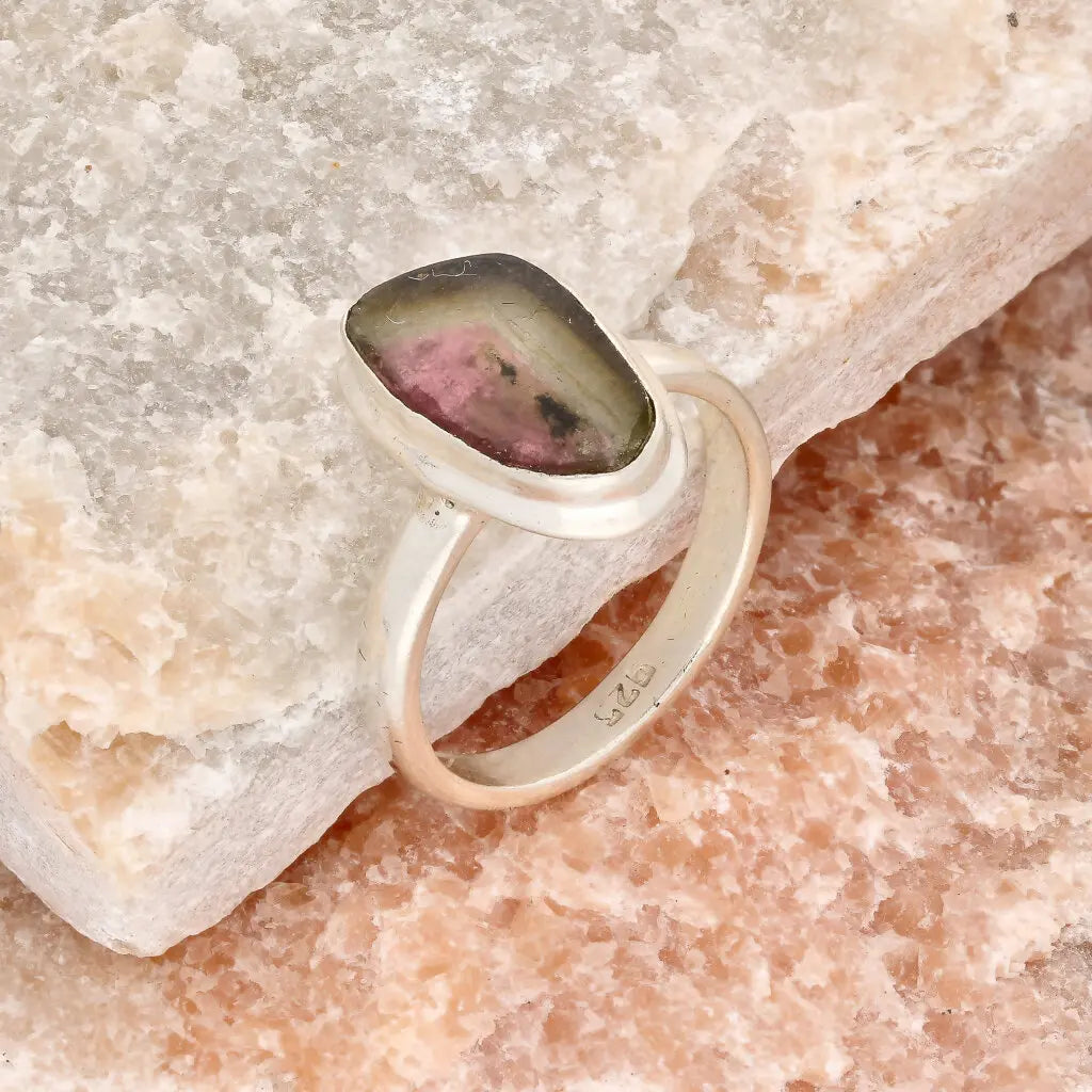 Get your Natural Watermelon Tourmaline Slice Ring Set in 925 Silver online now or in store at Forever Gems in Franschhoek, South Africa