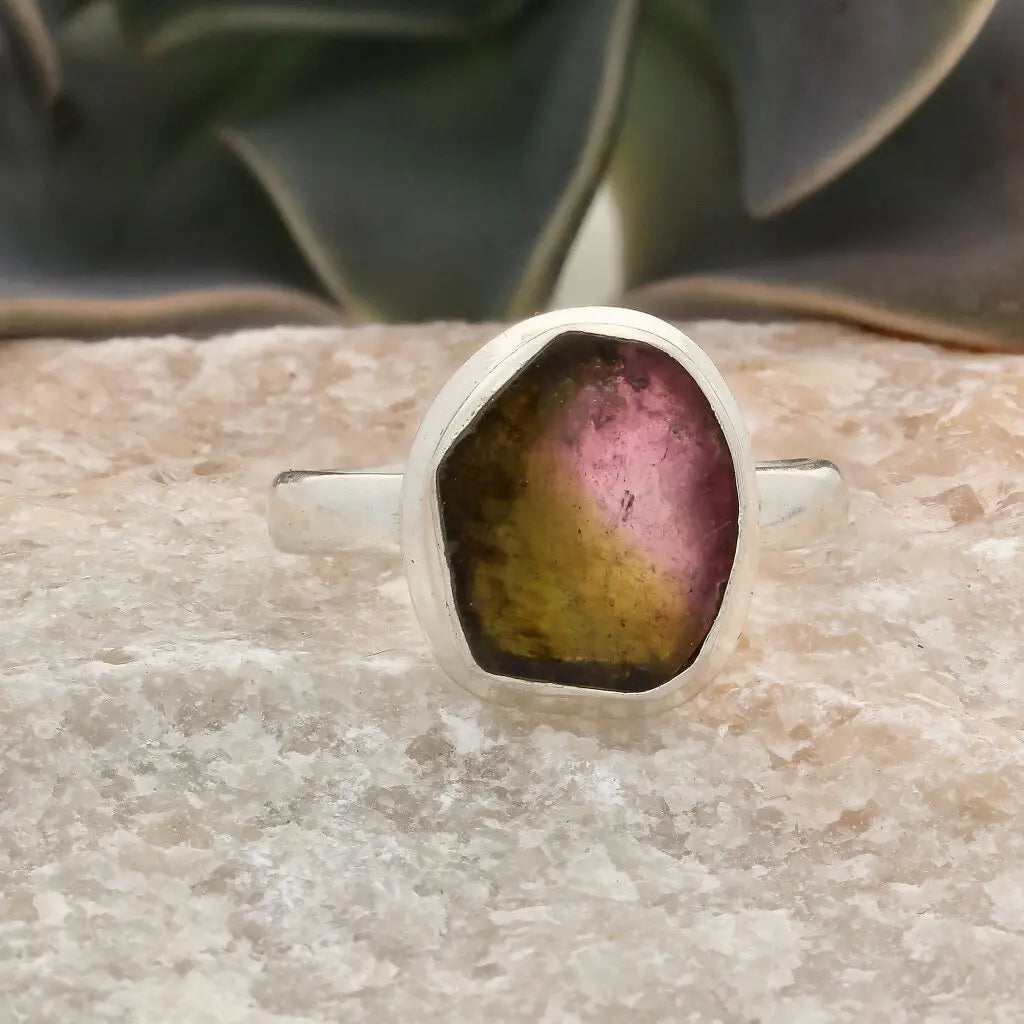 Get your Natural Watermelon Tourmaline Slice Ring Set in 925 Silver online now or in store at Forever Gems in Franschhoek, South Africa