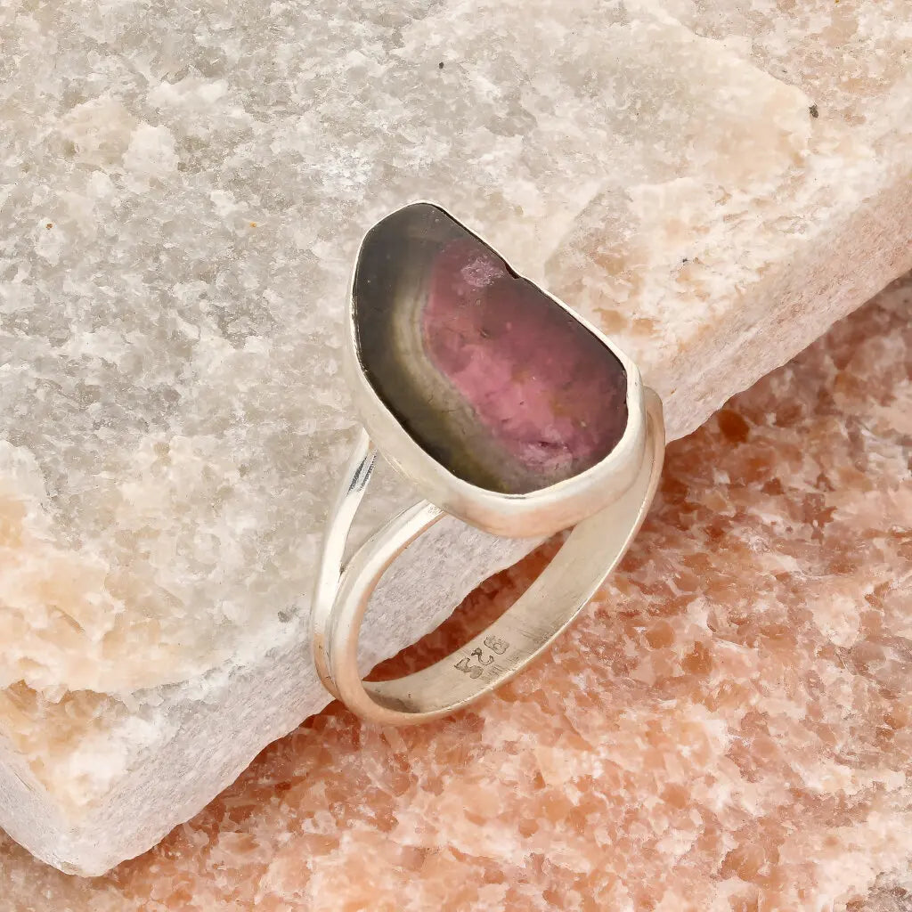 Get your Natural Watermelon Tourmaline Slice Ring Set in 925 Silver online now or in store at Forever Gems in Franschhoek, South Africa