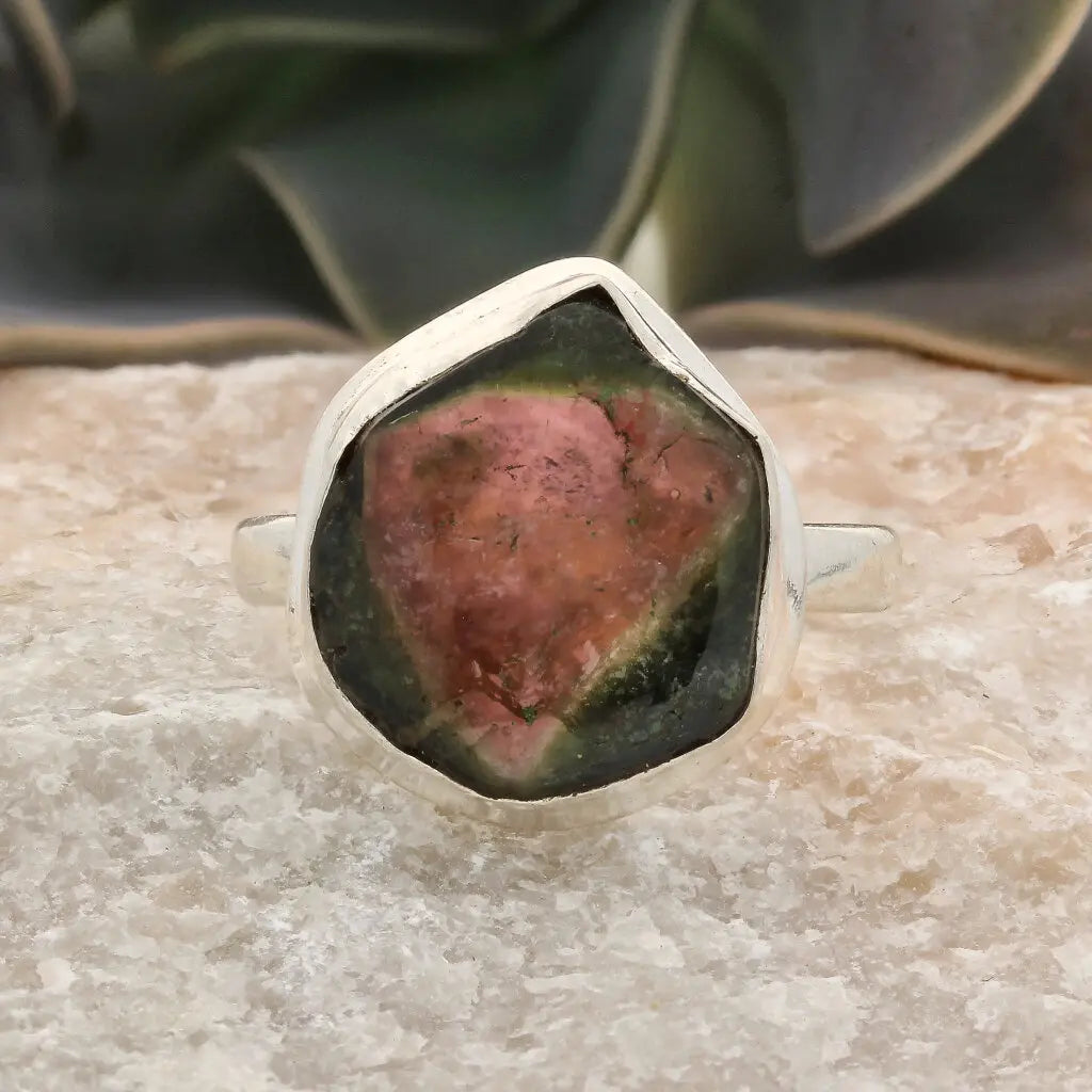 Get your Natural Watermelon Tourmaline Slice Ring Set in 925 Silver online now or in store at Forever Gems in Franschhoek, South Africa