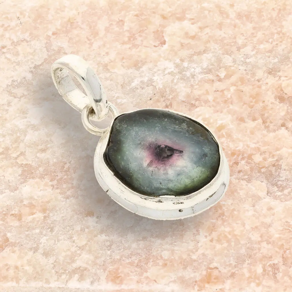 Get your Natural Watermelon Tourmaline Slice Necklace in Sterling Silver online now or in store at Forever Gems in Franschhoek, South Africa