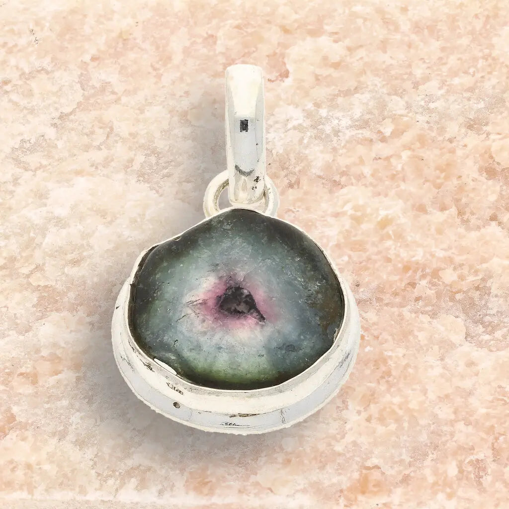 Get your Natural Watermelon Tourmaline Slice Necklace in Sterling Silver online now or in store at Forever Gems in Franschhoek, South Africa