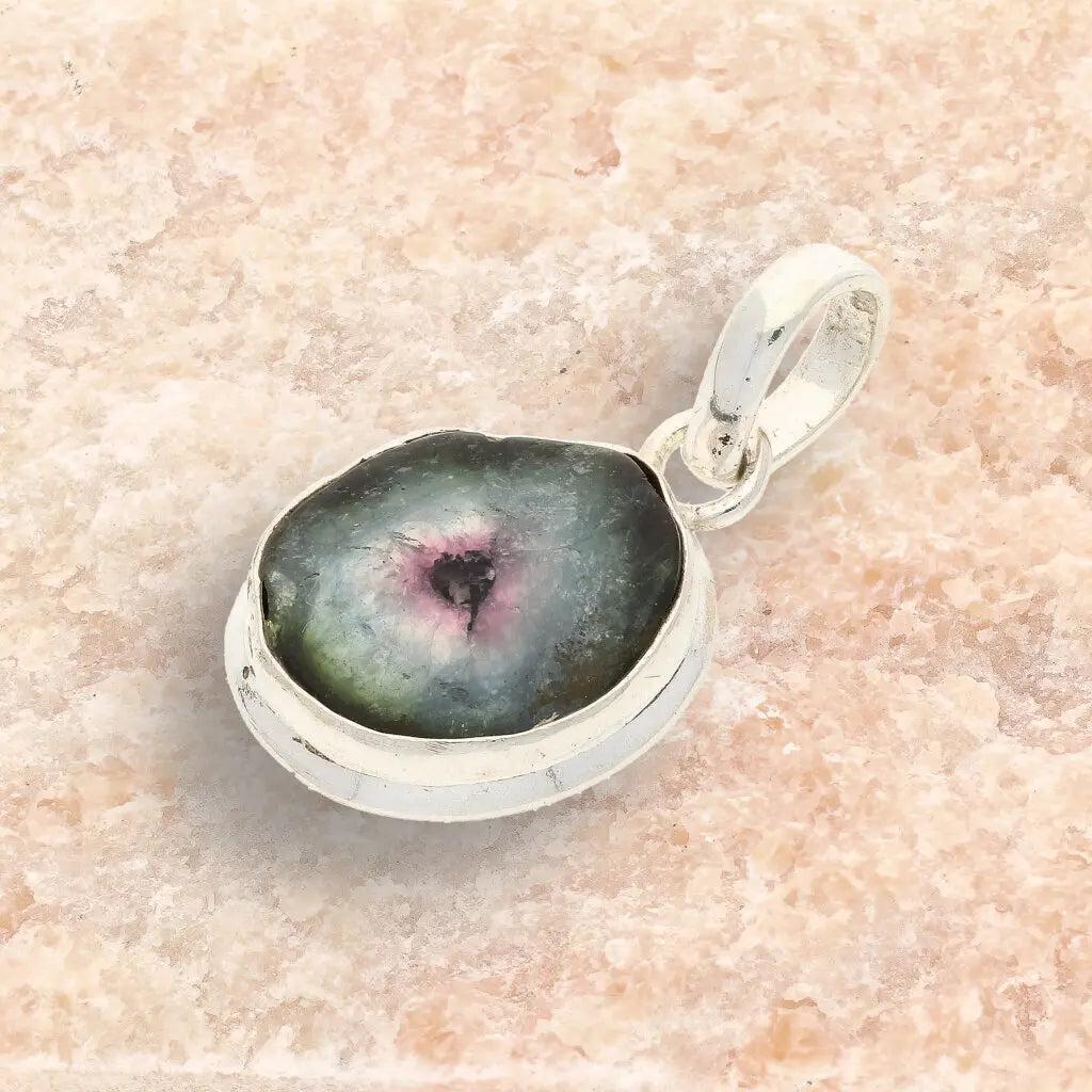 Get your Natural Watermelon Tourmaline Slice Necklace in Sterling Silver online now or in store at Forever Gems in Franschhoek, South Africa