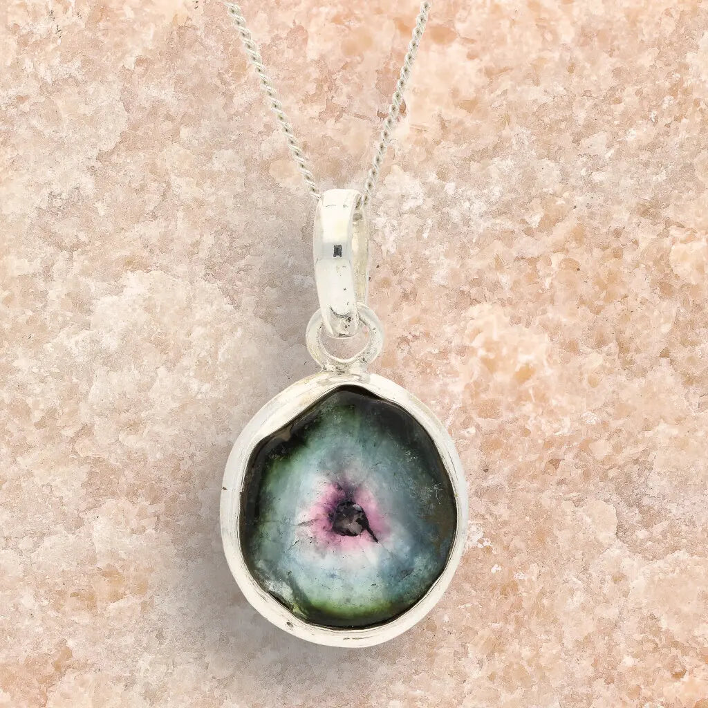 Get your Natural Watermelon Tourmaline Slice Necklace in Sterling Silver online now or in store at Forever Gems in Franschhoek, South Africa
