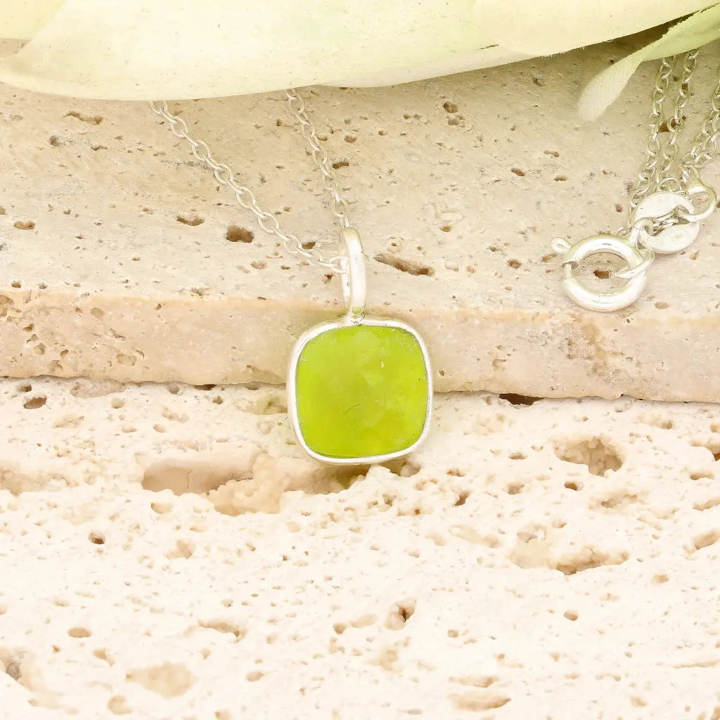 Lime Chalcedony Sterling Silver Necklace – Square Gemstone
