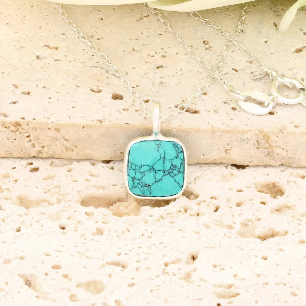 Turquoise Dyed Howlite Sterling Silver Necklace – Square