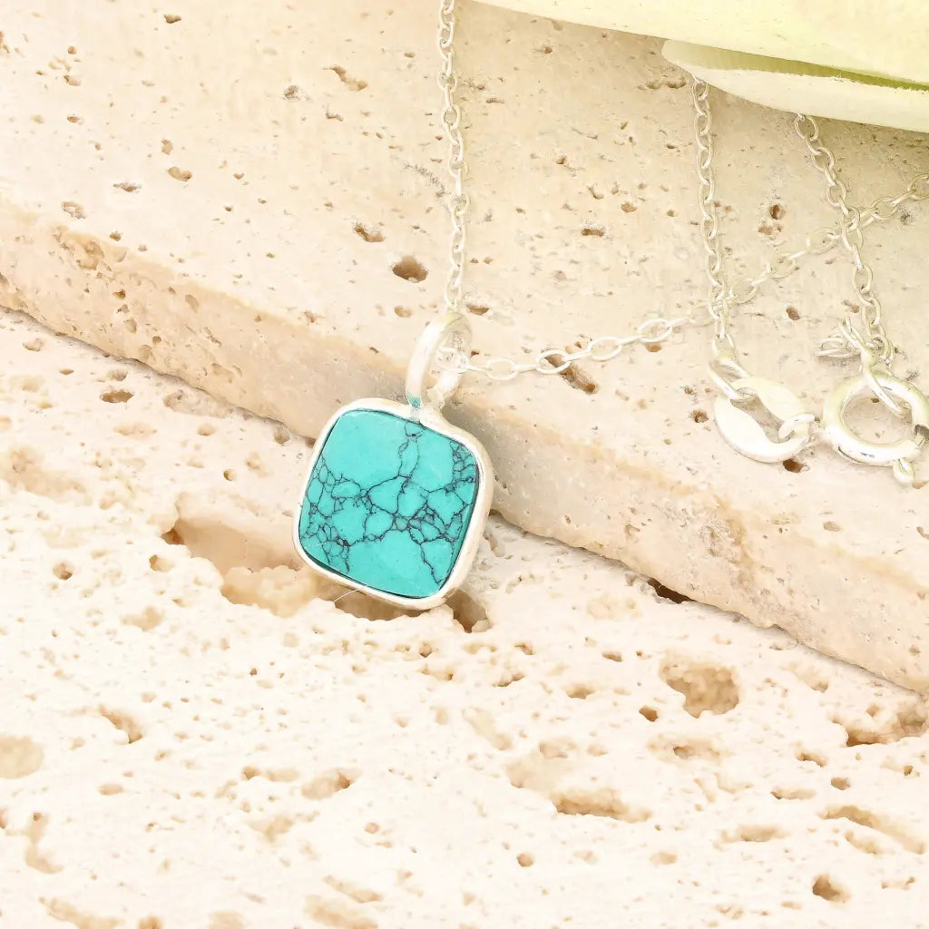 Turquoise Dyed Howlite Sterling Silver Necklace – Square