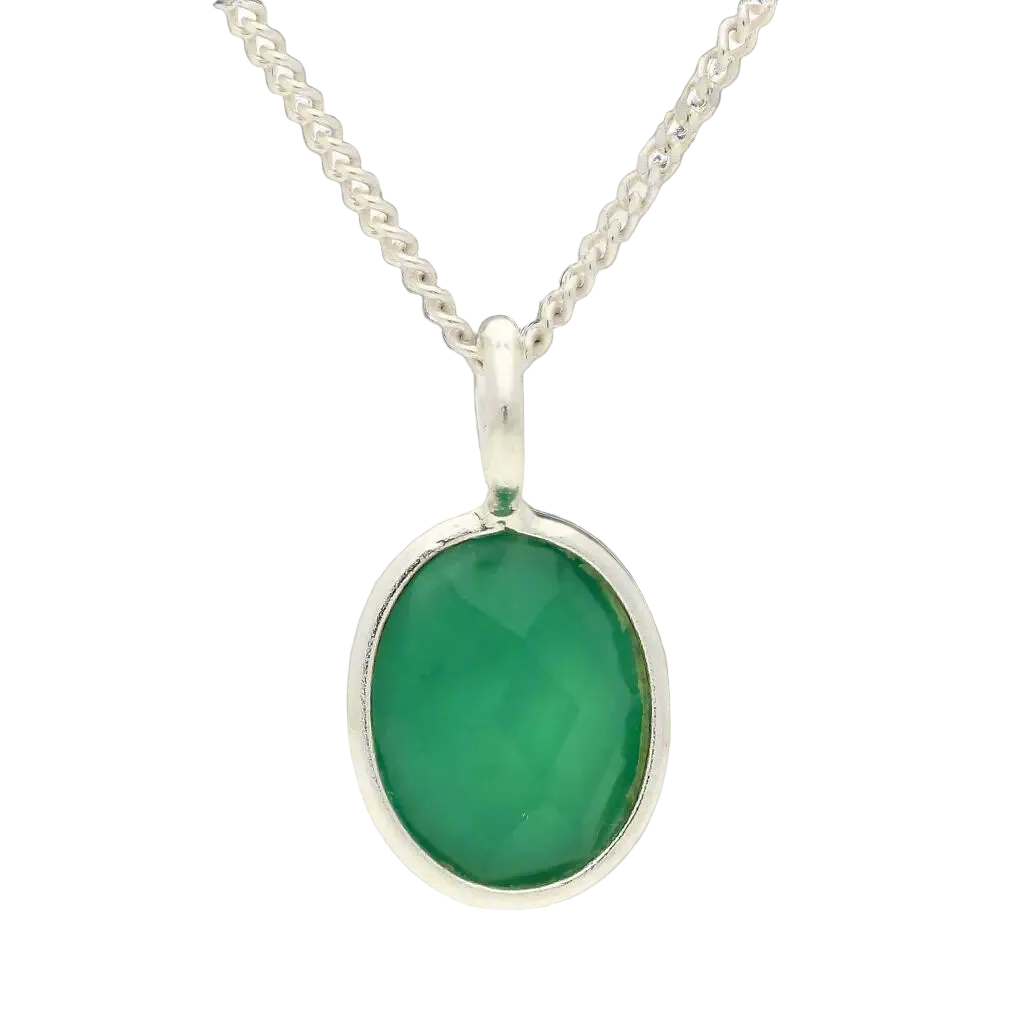 Faceted Oval Green Onyx Sterling Silver Necklace - Emerald Harmony
