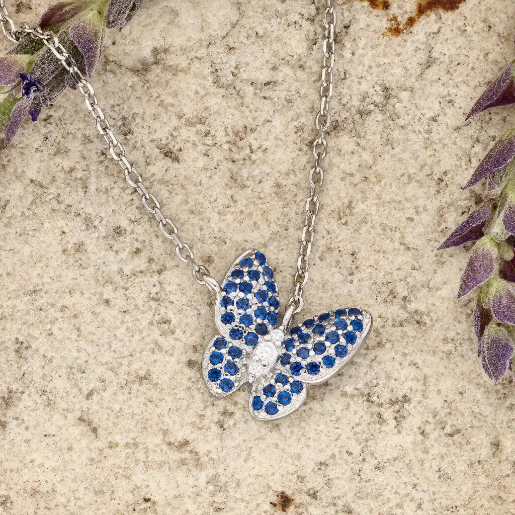 Get your Delicate Sterling Silver Butterfly Necklace with Brilliant Blue CZ Stones online now or in store at Forever Gems in Franschhoek, South Africa