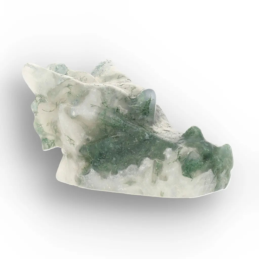 Moss Agate Dragon Carving with Natural Green Inclusions